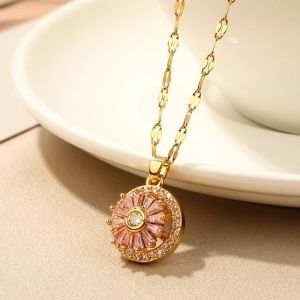 OYJR Crystal Stainless Steel Necklace for Women 18K Gold Plated Pink Cubic Zirconia Good Luck Luxury Pendant Chain Jewelry
