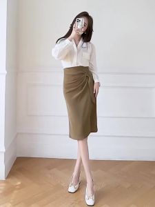 Irregular Ribbon Suit Skirt for Women Summer High Waist Mid-Length Bodycon Skirt with Side Slit Commuter One-Step Skirt