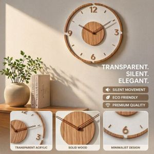 Minimalist Nordic Wall Clock Silent Quartz Hollow Acrylic Wooden 32cm Home Living Room Wall Decor