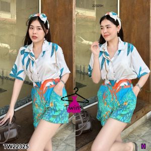 P22325 Set ลายต้นไม้ 3 ชิ้น เสื้อเชิ้ต + กางเกง กับสายโบว์