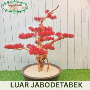 Pohon Hias Artificial Bonsai Daun Lohansung Merah / Orange Pot Semen Hiasan Ruang Kantor