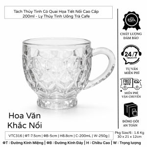 Bộ 6 Ly Thủy Tinh Diamond Có Quai Cầm Họa Tiết Kim Cương Nổi 200ml Tách Uống Trà Cà Phê Cao Cấ