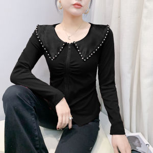 Yimei 2025 mùa xuân khí chất hợp thời trang mới Bông Áo sơ mi giảm béo và giảm béo móng tay hạt v-cổ Tay áo dài áo phông có dây kéo áo nhỏ đỏ