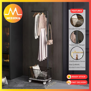 MIZONA Standing Clothes Hanger Floor Bedroom Office Room Clothes Rack Living Room Coat Rack With Minimalist Basket Penyangkut Rak Baju