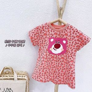 สไตล์ใหม่ ชุดเดรสแขนสั้น ชุดเดรสเด็กผู้หญิงเดรสชมพูเสือดาวสกรีนหน้าน้องหมี CicaKids