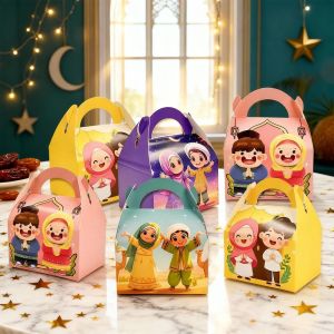 YUDESHUI 24PCS Giấy Hộp đóng gói Eid Mubarak Hình vuông Nhiều màu sắc Hộp đóng gói Sáng tạo Mẫu hoạt hình Hộp quà Ramadan Đồ dùng lễ hội