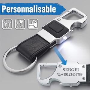 Customized Keychain Lettering Multifunctional LED Lights Lamp Personalized Beer Opener Leather for Men Car Key Chain K3552026