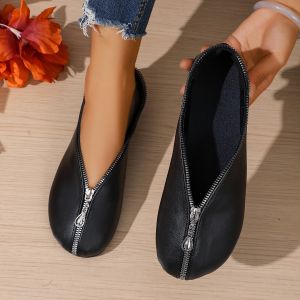 Free Shipping Plus-Size Retro Solid-Color Flat Shoes New Style Niche Design Front Zipper Round Toe Low Heel Soft Leather Elegant Grandma Shoes