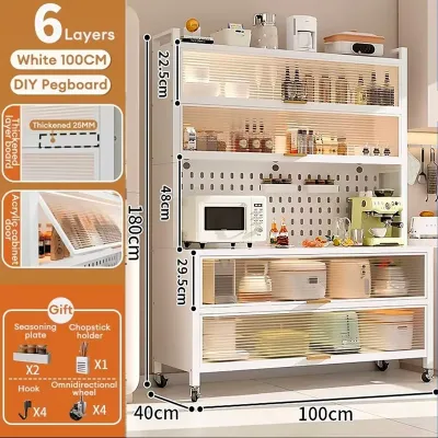 YOYO Kitchen Cabinet Floor Standing Storage Organizer Multi Tier Dustproof Dish Microwave Storage Cabinet with Pegboard Utensil Holder