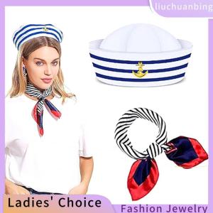 [COD] liuchuanbing Jewellery ชุดหมวกกะลาสีผ้าพันคอสี่เหลี่ยมผืนเล็กสำหรับผู้หญิงผ้าพันคอซาตินลายทางสำหรับพนักงานต้อนรับบนเครื่องบินลายคริสต์มาส