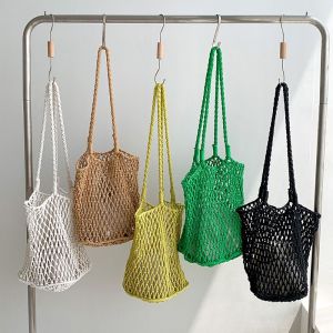 BELLERY Bohemian Hollowed Out Bag Shoulder Bag Cotton Rope Weave Bag Simple Cotton and Linen Beach Bag Girl