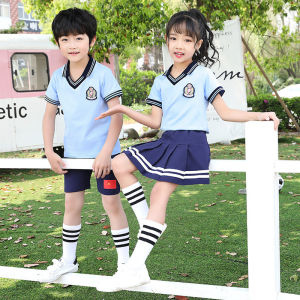 Rolanko Summe School Uniform 2Pcs Short Tshirt + Skirt/Shorts Set British Style Childrens Kindergarten Graduation Photo Clothing Primary School Uniform Boys Girls Blue Yellow 3-16 Years