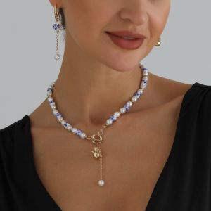 HOTOTO Fuluo Pendant Blue and White Porcelain Necklace Earrings Jewelry Simulated Pearl Beaded Necklace Trendy Chinese Style Womens Necklace Dress Accessories