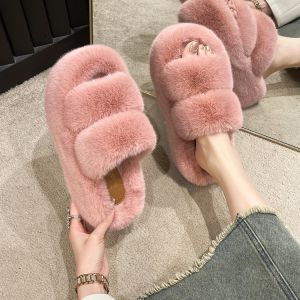 Free Shipping WomenS Double-Strap Furry Slippers New Autumn Style 7CM Thick Sole Height-Increasing Slip-On Sandals Non-Slip