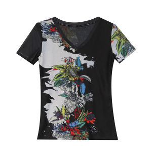 REHIN Womens top Summer fashion mesh graphics print short sleeve T-shirt V-neck slim and thin tide tops