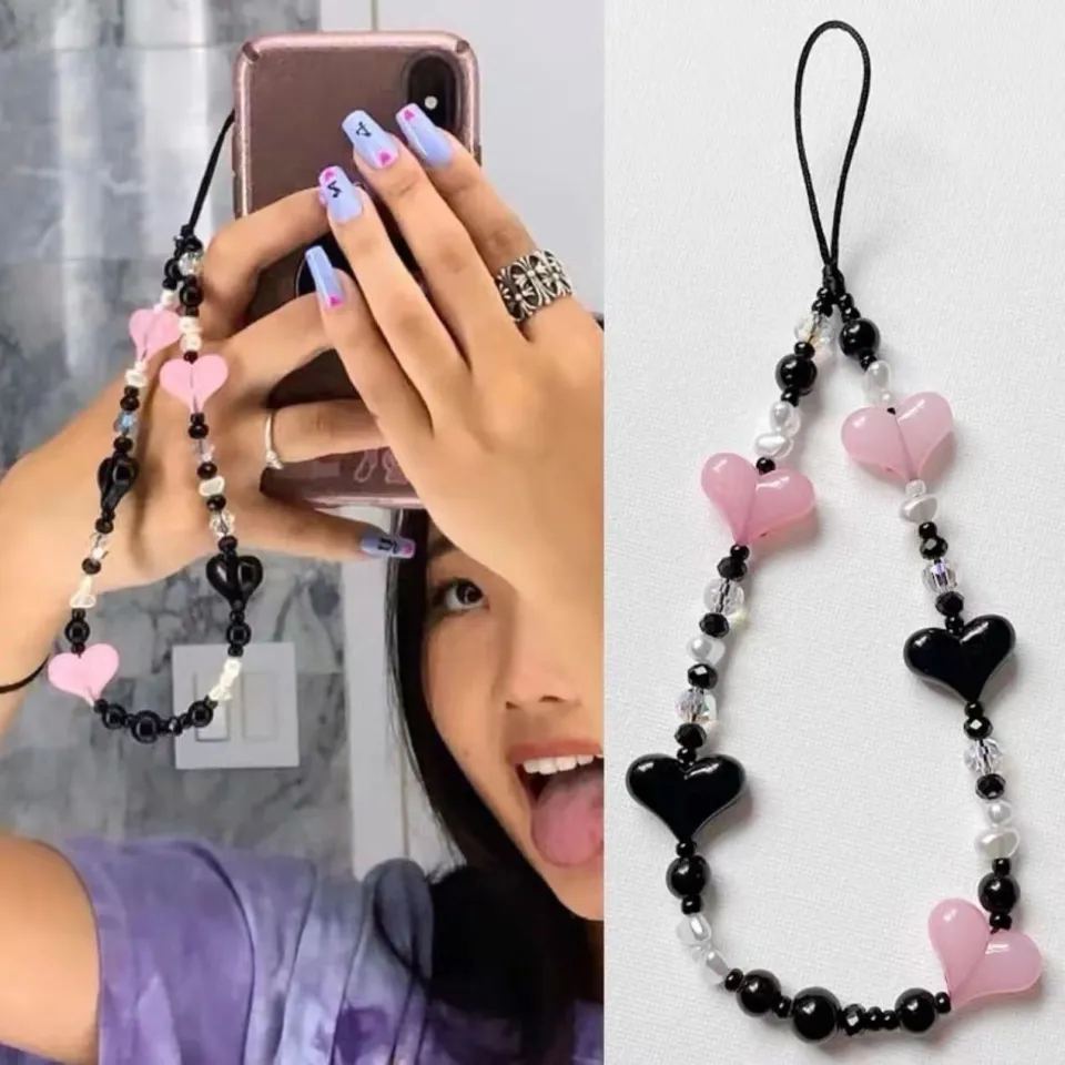 Beaded Phone Strap，Cute Phone Charms Fairy Grunge Heart Beaded