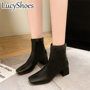 รองเท้าบูทสั้นสไตล์อังกฤษแฟชั่นสำหรับผู้หญิง ส้นหนาสไตล์ฝรั่งเศส ดีไซน์ซิปด้านหลัง วัสดุ PU คุณภาพสูง ทนทาน