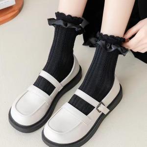 BBB DAN ถุงเท้ายาวครึ่งโลลิต้าสีขาว บรรจุภัณฑ์กลางที่น่อง ถุงเท้ายาวกลางถูกเป็นลูกไม้สีดำ ถุงเท้านางฟ้าลายลูกไม้สไตล์อิน