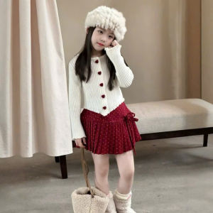 EST20A44  GIRL KIDS OOTD WHITE LONGSLEEVE HEART BUTTONS w/ RED SKIRT POLKA DOTS - 1-10YO