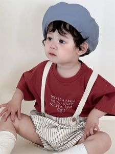 Childrens Short-Sleeve Summer Suit Thin Korean Style Boys Clothing with Letter Print T Striped shirt and suspender shorts set