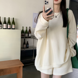 CACNCUT 2 Pieces Set Korean Style Long Sleeve Large Size Hoodie Shirt +Elastic Waist Shorts Set