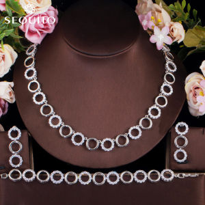 SEQUITO Bông Tai Và Vòng Tay Chuỗi Hạt Charm Hình Tròn Phổ Biến Mới Cho Nữ Bộ Trang Sức 3 Món Chất Lượng Cao CZ Tiệc Cưới SJ169