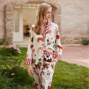 [ หมาคริสต์มาส ]ins ชุดนอนผู้หญิงฤดูใบไม้ผลิและฤดูใบไม้ร่วงแขนยาวกางเกงขายาวชุดคอปกผ้าไหมเทียมชุดอยู่บ้านผู้หญิง