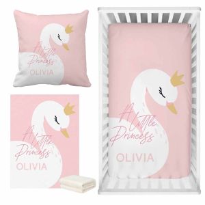 LVYZIHO Pink Cute Swan Crib Sheet Set Custom Name Baby Girl Crib Bedding Set Baby Shower Gift Bedding Set