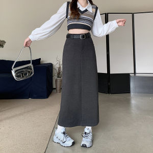 S-6XL กระโปรงสูทสีเทาผ่าข้างเอวสูง ทรงเข้ารูป ปลายกระโปรงพันสะโพก ความยาวปานกลาง