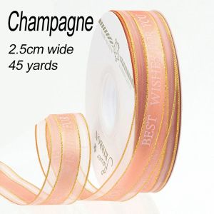 Gold Edge Printed Organza Ribbon 2.5CM 45Yards for Flower Bouquet Gift Wrapping Wedding Decoration