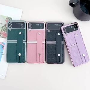 Wrist Strap Soft Leather Phone Case For Samsung Galaxy Z Flip 4 3 Flip4 Flip3 5G Shockproof Fall Prevention Support Cover