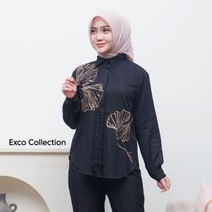 Atasan Wanita Kemeja Bordir Bunga Polos Lengan Panjang