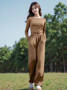 ชุดเซ็ตสองชิ้นผู้หญิง ผ้าระบายอากาศดี แขนยาว + กางเกงซัมเมอร์ ใส่สบาย