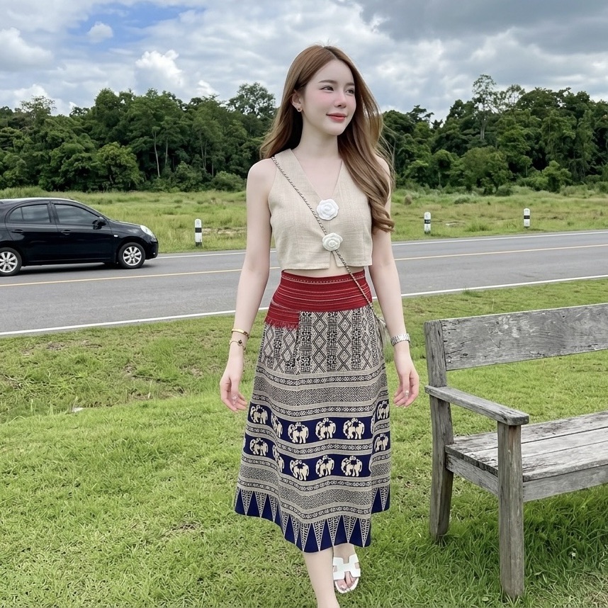 LANNA กระโปรงผ้าไทยทรงเอ ผ้าฝ้ายพิมพ์ลาย ใส่สบาย พรางพุง สวยทุกวัน มุมมองที่ 3