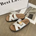 Cool Store Flat Slippers Women's Comfort Daily Wear Rubber Slippers Open-Toes Cross Strap With Adjustable Gold Buckle Slippers For Women Girl Flipflop Walking Shoes (+1 UPSIZE BIGGER). 