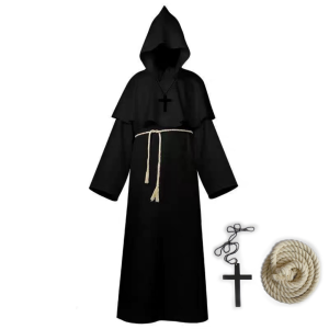 ‘การจัดส่งที่รวดเร็ว!!!’ผู้ใหญ่ Man Wizard เครื่องแต่งกายยุคกลาง Monk Friar Robe Christian Priest Hooded Cape Grim Reaper คอสเพลย์ Robe ฮาโลวีนเครื่องแต่งกาย