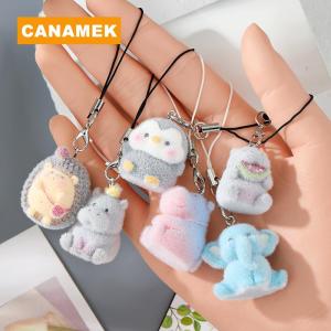 【CANAMEK】 Fun Cartoon Flocking Animal Keychains Phone Lanyard Resin Cute Hexagonal Hedgehog Hippos Bag Earphone Case Pendant Girls Gift