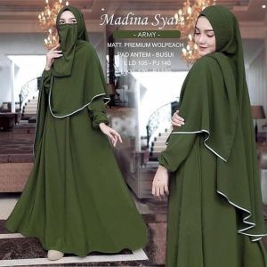 Gamis Wolpeach Elegan dengan Motif Polos - Baju Muslim Wanita Lengan Panjang Set Hijab Panjang dan Cadar