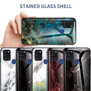 GFAITH for Samsung Galaxy A21s Case Marble Glass Casing Samsung A21s Hard Phone Case Silicon Soft Edges