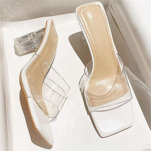 [Free Shipping] Transparent sandals with crystal chunky heels summer 2026 new fashion stylish slip-on sandals for women to wear outside