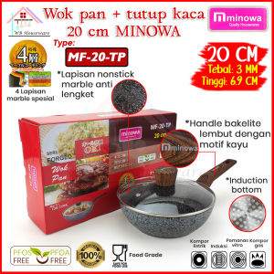 MINOWA Wok pan black marble + tutup kaca 20cm anti lengket / wajan kuali penggorengan MF-20-TP