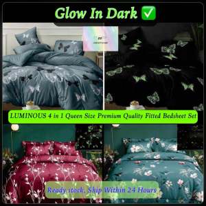 Premium Luminous 4In1 Queen Size Fitted Bedding Bedsheet Sets Cadar Sarung Tilam Getah Keliling Pillow Case Fluorescent (Cadar Murah)