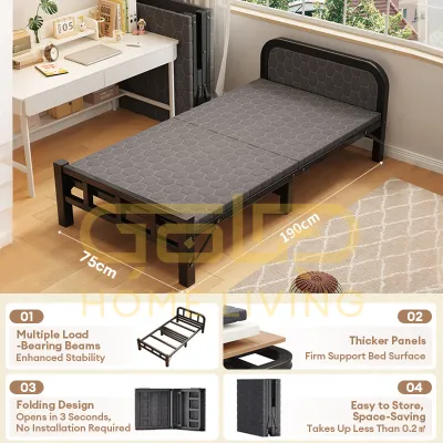 GOLD Foldable Single Bed Frame Portable Metal Bed Base Katil Bujang Lipat Besi Save Space Bedroom Furniture折叠床