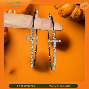 ❣️❣️❣️ Shiny Big Circel Cross Hoop Earrings For Women Exquisite Rhinestones Ear Buckles High-end Geometric Jewelry Gift