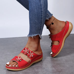[Free Shipping] Plus-Size Summer New Retro Floral Round-Toe Wedge-Heel Platform Fish-Mouth Sandals
