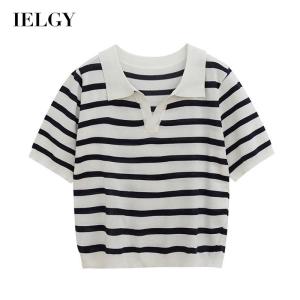 IELGY womens striped knitted polo collar loose short sleeve T-shirt