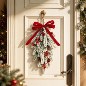 RAFELLA Teardrop Shape Artificial Christmas Wreath Pine Cones Pine s Xmas Garland Decorative Red Berries Home Decoration Indoor Use