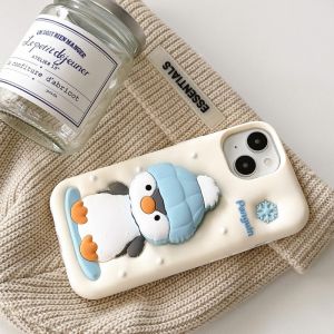 💗Internet celebrity trend+In stock+COD Lovely 3D Penguin Folding Holder Stand Silicone Case For iPhone 16 15 14 13 12 Pro Max Cute Bunny Bracket Back Cover