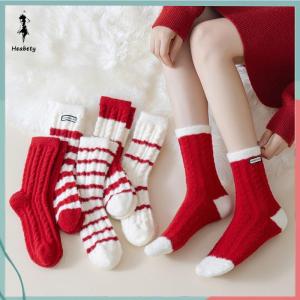 FUJIAS2🦋 6 Pairs Winter New Year Velvet Socks With Red White Stripes For Women Mid Tube Socks Girls Warm Plush Red Socks Christmas Gift