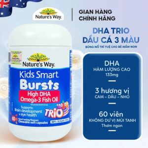 Viên Nhai Dầu Cá Ba Màu Natures Way Omega-3 Fish Oil Trio Hỗ Trợ Tốt Cho Não Bộ Và Mắt Cho Bé (60 Viên) - - Công thức dầu cá tự nhiên được chiết xuất từ cá vùng biển sạch không chứa thủy ngân - Hàm lượng DHA và EPA cao - Dạng viên nhai tiện lợi với 3